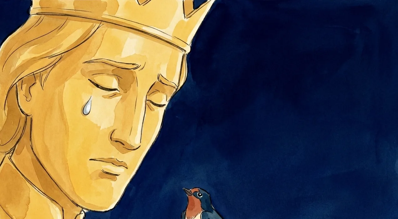 Aquarell aus dem Kurzfilm: das goldene Gesicht des Prinzen mit geschlossenen Augen und einer Träne, unten eine Schwalbe.