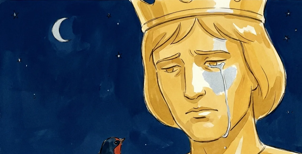 Aquarell aus dem Kurzfilm: der weinende Prinz mit Krone unter der Mondsichel, eine Schwalbe blickt zu ihm auf.